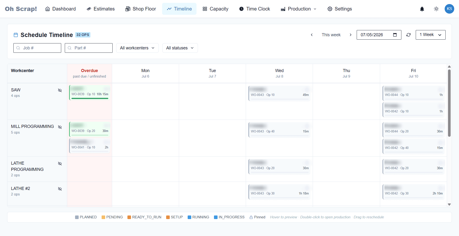 OH SCRAP scheduling timeline placing work orders across saw, mill, and lathe work centers by capacity and due date