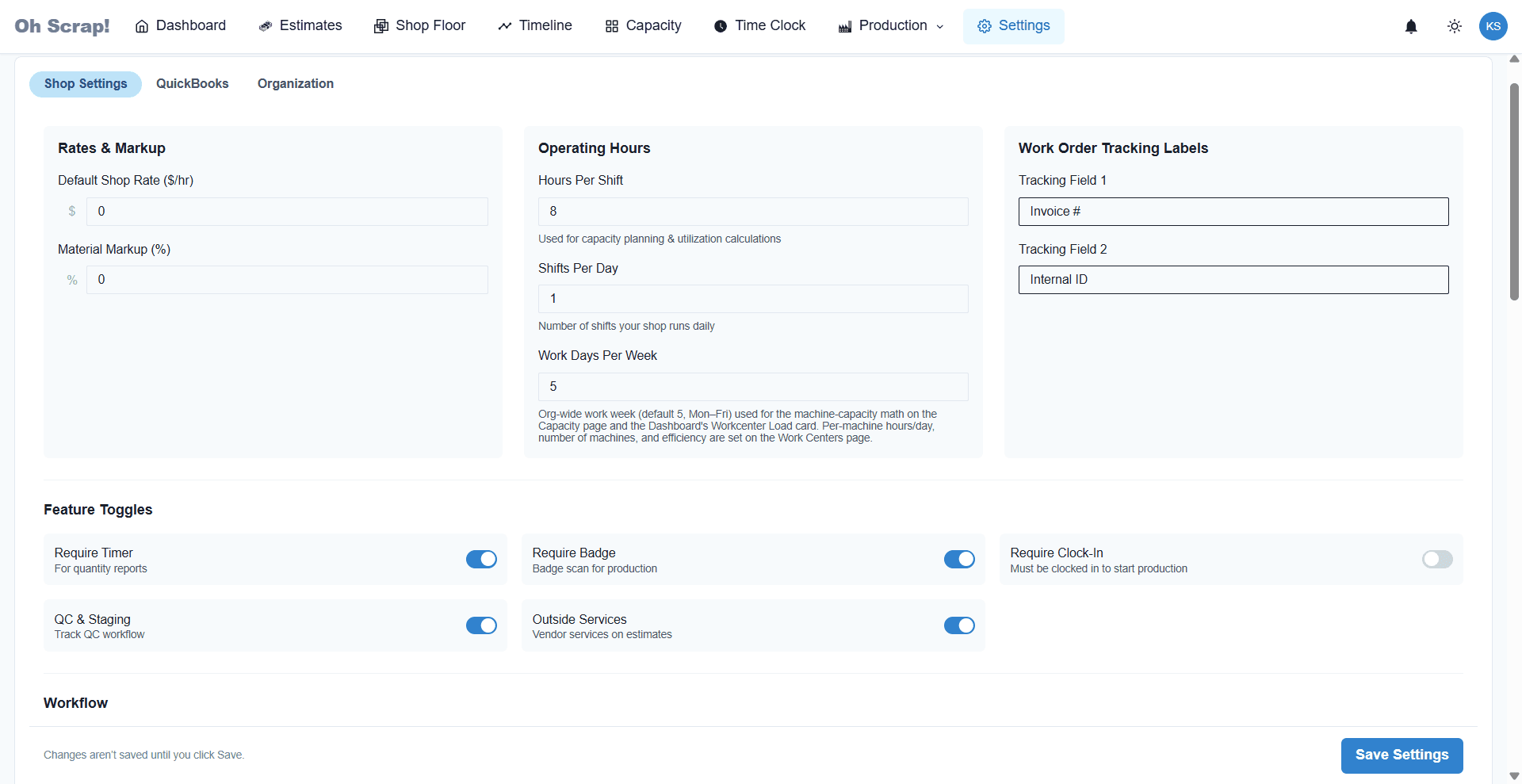 OH SCRAP settings page showing shop rates, operating-hours capacity inputs, feature toggles, and QuickBooks sync