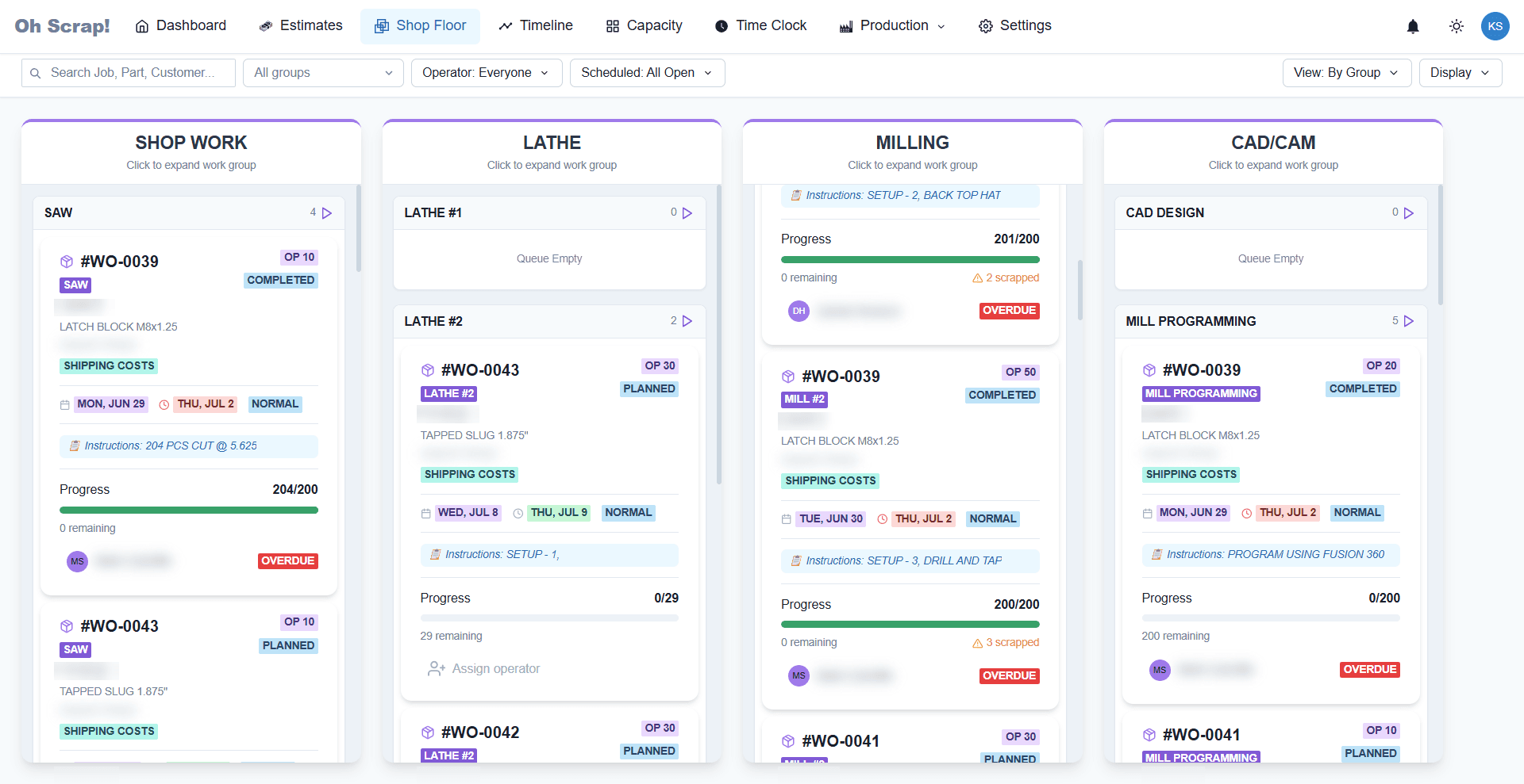 OH SCRAP live shop floor board showing work orders moving through production stages with progress bars